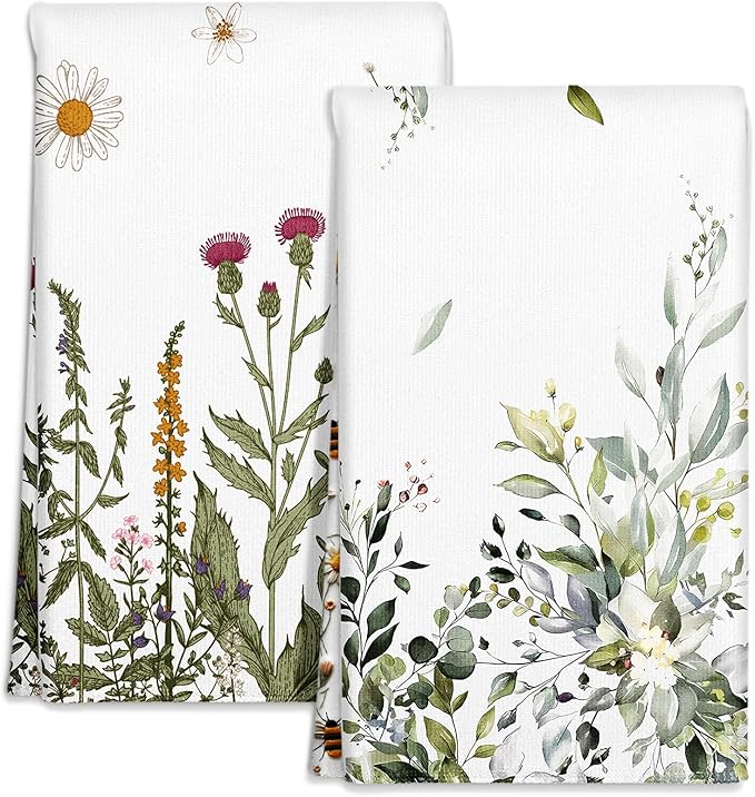 Microfiber Kitchen Towels - Set of 2 Dish Towels for Kitchen 18 x 26 Inch Home Decoration Grass Flower Cute Spring Hand Towels Soft & Absorbent Aesthetic Design