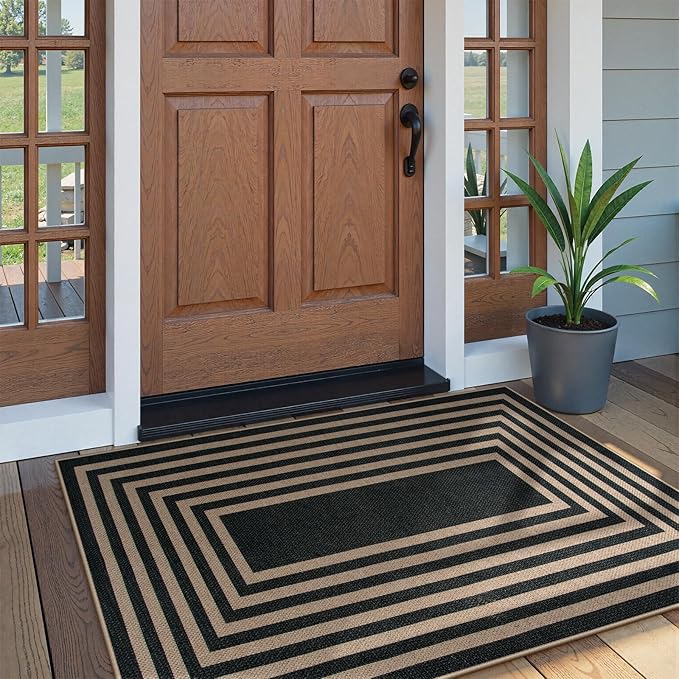 Lahome Modern Geometric Easy Jute Outdoor Rug, 3x5 Black Indoor Outdoor Carpet for Living Room Entryway, Farmhouse Non Slip Non Shedding Washable Area Rug for Patio Courtyard Bedroom