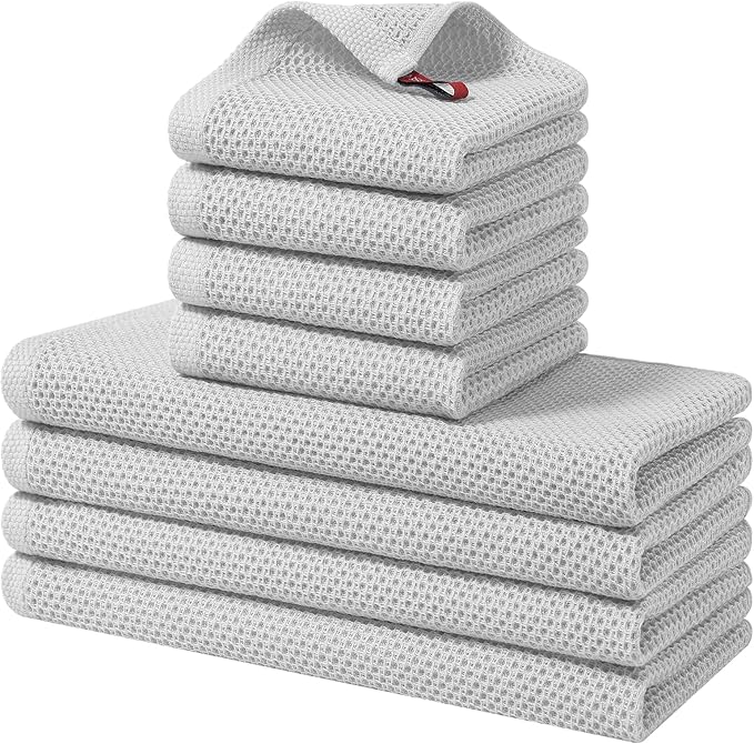 Homaxy 100% Cotton Kitchen Towels and Dishcloths Set, 12 x 12 Inches and 13 x 28 Inches, Set of 8 Bulk Kitchen Towels Set, Ultra Soft Absorbent Dish Cloths for Washing Dishes, Light Gray