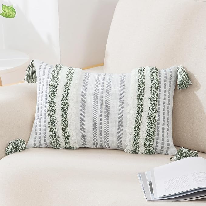 decorUhome Decorative Boho Throw Pillow Cover 12x20, Lumbar Accent Neutral Textured Tufted Pillow Cover Striped for Couch Bed Sofa, Green and Cream White, Pack of 1