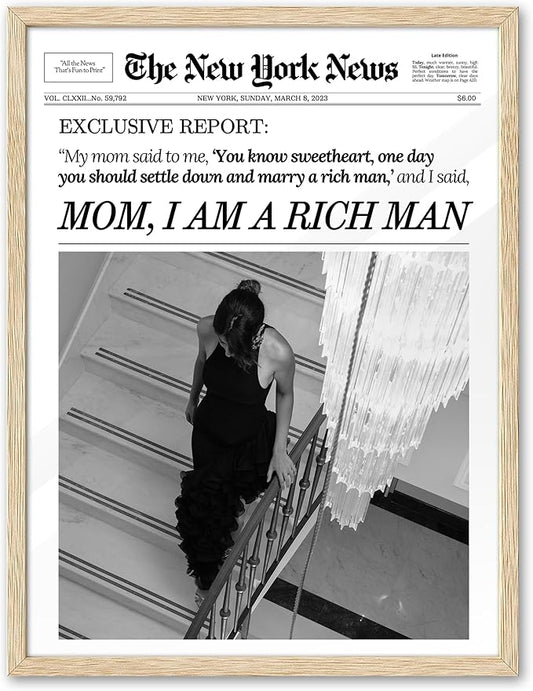 EcoHest Trendy Newspaper Framed Wall Art, Large 16x20 in OAK Wood Mom I Am a Rich Man Canvas Art, Magazine Girly Poster College Dorm Decor, Beige Logs Set of 1 for Bedroom Living Room