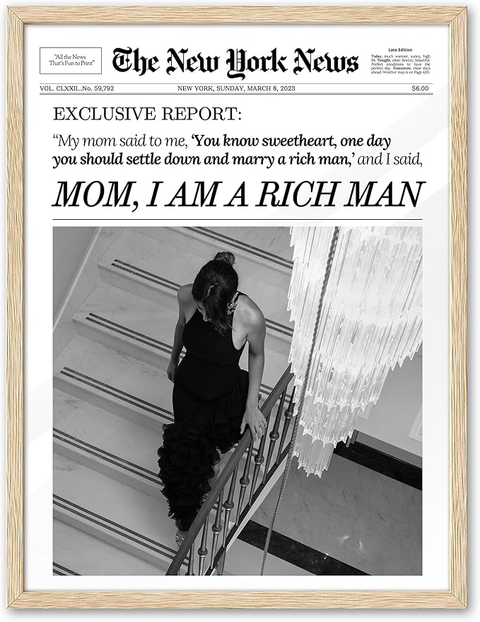 EcoHest Trendy Newspaper Framed Wall Art, 12x16 in OAK Wood Mom I Am a Rich Man Canvas Art, Magazine Girly Poster College Dorm Decor, Beige Logs Set of 1 for Bedroom Living Room