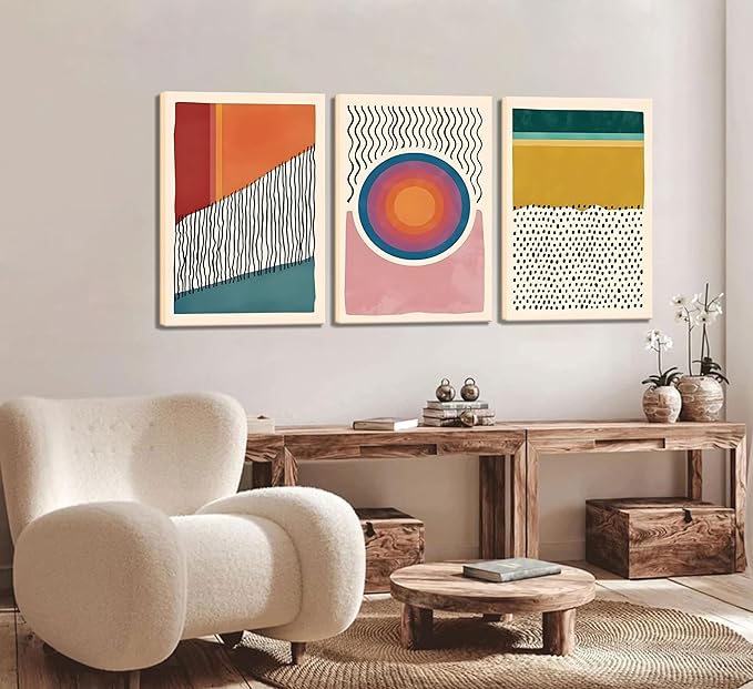 Set of 3 Framed Boho Wall Art Mid Century Modern Wall Decor Posters Abstract Color Block Geometric Canvas Paintings Prints Colorful Simple Line Pictures for Living Room Bedroom Home Decoration