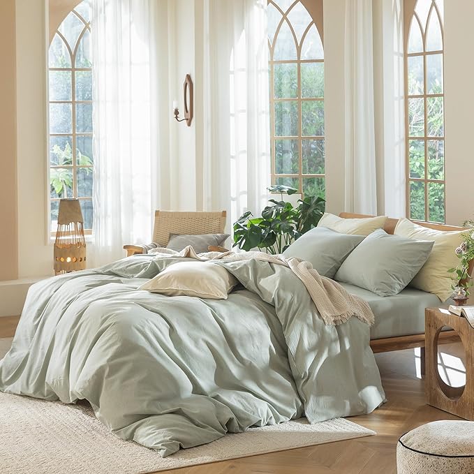 MooMee Bedding Duvet Cover Set 100% Washed Cotton Linen Like Textured Breathable Durable Soft Comfy (Heathered Sage Green, Oversized Queen 98"x98")