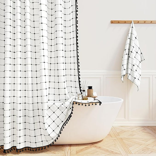BTTN White and Black Boho Shower Curtain - Linen Rustic Farmhouse Heavy Duty Fabric Shower Curtain Set with Tassel, Water Repellent, Bohemian Vintage Country Cloth Shower Curtains for Bathroom, 72x72