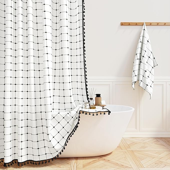 BTTN 60 Inch Stall Shower Curtain - 60x72 Boho Farmhouse Linen Fabric Cloth Shower Curtain Set with 10 Plastic Hooks, Narrow Bohemian Country Decorative Shower Curtain for Bathroom - White and Black