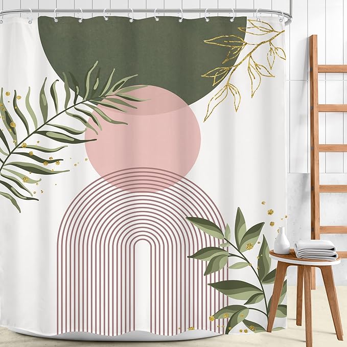 Pink Green Boho Shower Curtain 72Wx84H Extra Long Bohemian Mid Century Modern Abstract Sage Green Gold Leaves Plant Minimalist Bathroom Decor Arch Bath Curtain Fabric Polyester 12 Pack Hooks