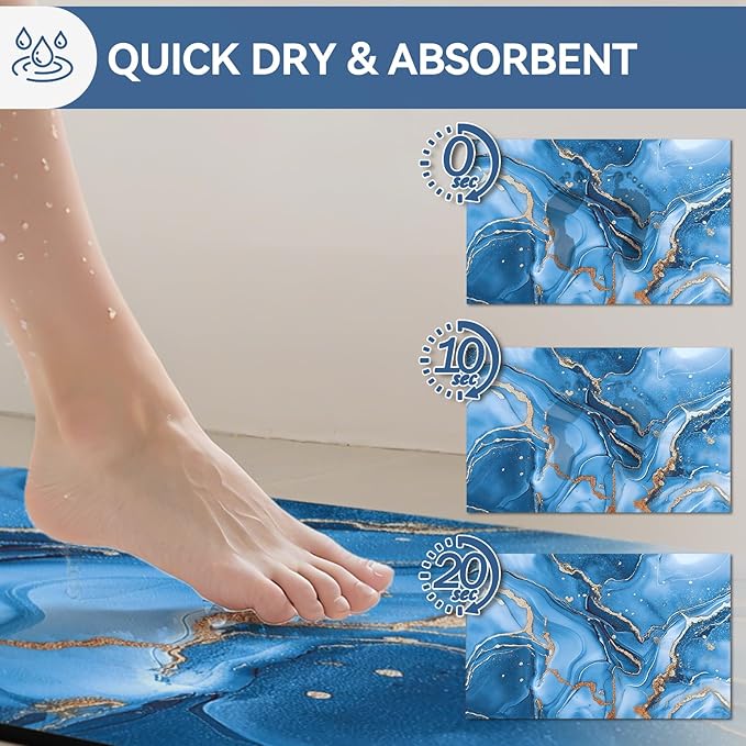 Non Slip Bath Mat Ultra Thin Bathroom Rug Fit Under Door, Rubber Backing Quick Dry Super Absorbent Washable Shower Bath Mats Blue 16x24