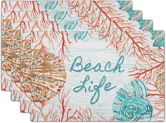 Giwawa Beach Life Placemats Set of 4-12"x18" Vintage Summer Seashell Conch Place Mat- Colorful Coastal Nautical Coral Linen Washable Table Mats for Kitchen Dining Party Tabletop Decoration