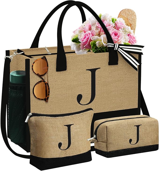 YOOLIFE Gifts for Women - Initial Jute Tote Bag & 2 Makeup Bags Personalized Gifts for Women Teacher Mom Friend Birthday