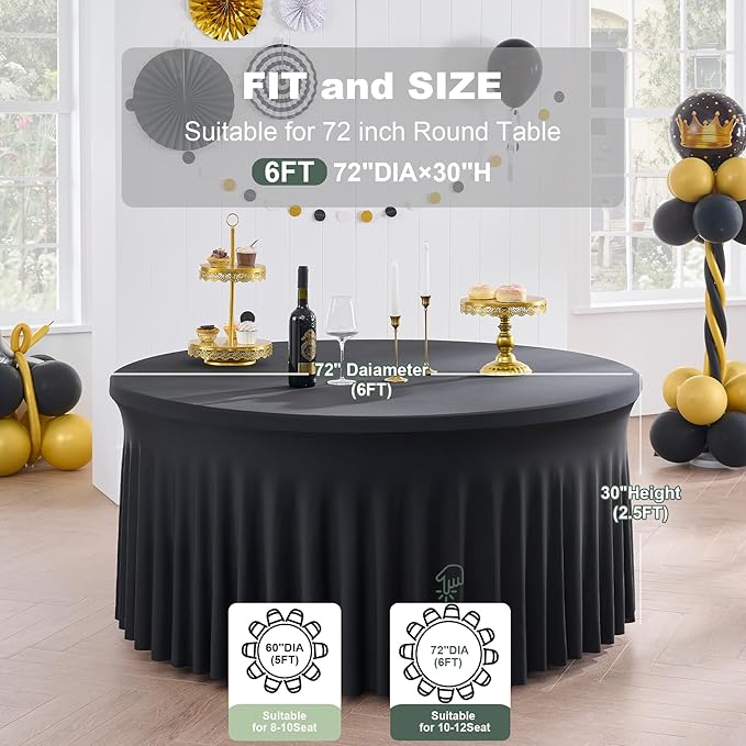 Outpain 8 Pack Black Spandex Tablecloth for 72in/6FT Round Tables, Wrinkle Free Tablecloth with Skirt for Wedding, Graduation & Banquet