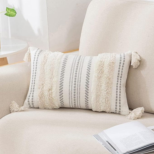 decorUhome Decorative Boho Throw Pillow Cover 12x20, Lumbar Accent Neutral Textured Tufted Pillow Cover Striped for Couch Bed Sofa, Beige and Cream White, Pack of 1