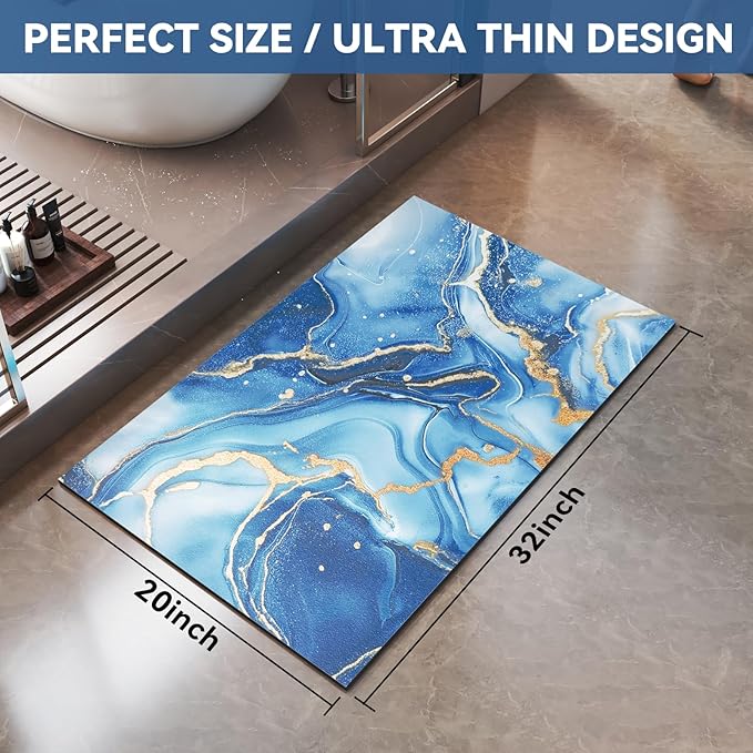 Non Slip Bath Mat Ultra Thin Bathroom Rug Fit Under Door, Rubber Backing Quick Dry Super Absorbent Washable Shower Bath Mats Blue 20x32