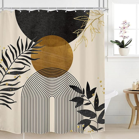 Black Boho Shower Curtain 60Wx72H Modern Bohemian Abstract Brown Tan Mid Century Gold Leaves Plant Botanical Arch Bathroom Decor Minimalist Geometric Bath Curtain Fabric Polyester 12 Pack Hooks
