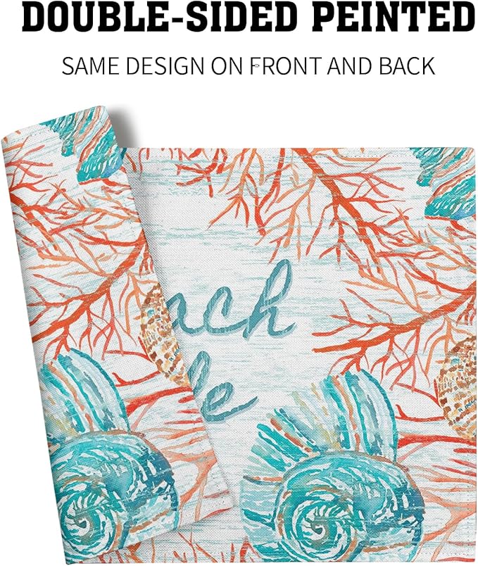 Giwawa Beach Life Placemats Set of 4-12"x18" Vintage Summer Seashell Conch Place Mat- Colorful Coastal Nautical Coral Linen Washable Table Mats for Kitchen Dining Party Tabletop Decoration