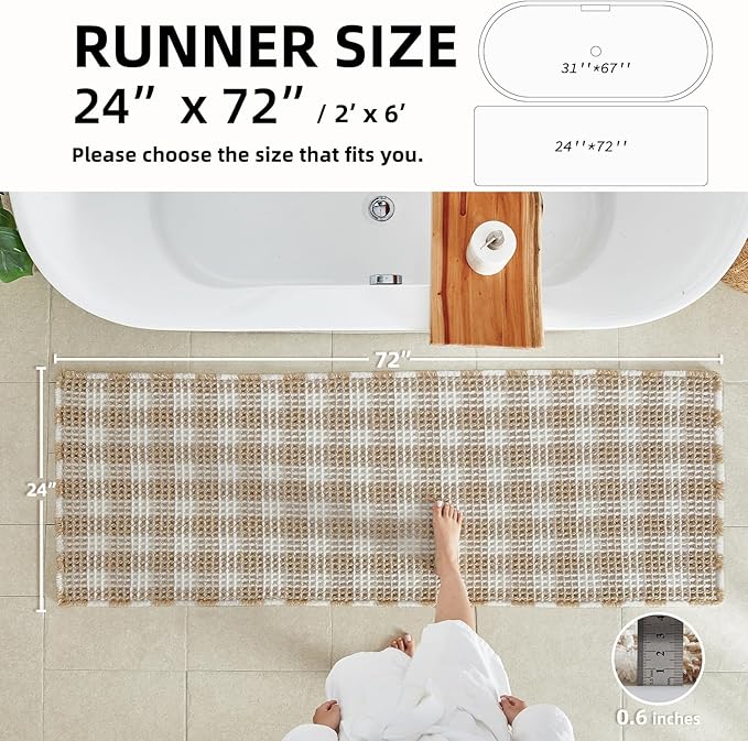 Waffle Runner Rug Bathroom, Long Boho Bathroom Rugs Non Slip Washable Absorbent Checkered Bathroom Mat Quick Dry Farmhouse Bath Mat, 72"x24" Khaki and White