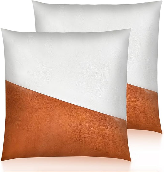 Faux Leather Throw Pillow Covers 18X18 Inch Outdoor Modern Farmhouse Solid Decorative Pillow Covers for Room Couch Living Bedroom Bed Sofa White&Brown Splicing