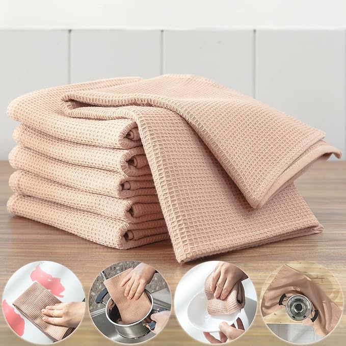 QUILTINA Dish Towels Set,100% Cotton Waffle Weave Kitchen Towels 6 Pack,17 x 25 Inches Dish Towels for Kitchen,Super Absorbent for Drying and Cleaning(Brown)