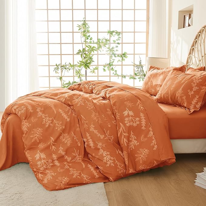 MUXHOMO Duvet Cover Queen Size, Reversible Floral Caramel Duvet Cover Set with Zipper Closure, 3 Pieces Botanical Patterns Soft Microfiber Bedding Set with 4 Ties (90"x90", 2 Pillow Cases)