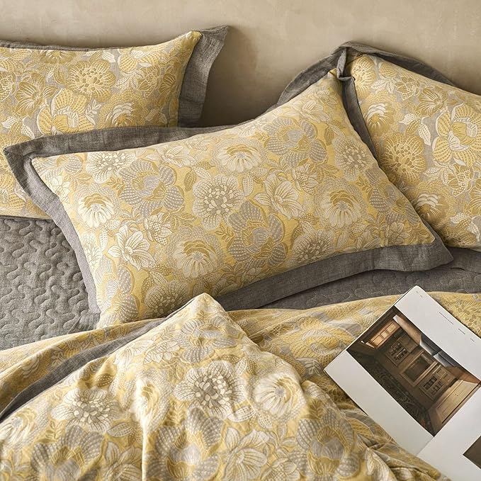 mixinni Duvet Cover King, Premium Cotton Double-Layer Yarn Golden Floral Jacquard Reversible Grey Comforter Cover with Edge Design, Farmhouse Bedding Set with 2 Pillowcases Perfect for Him and Her
