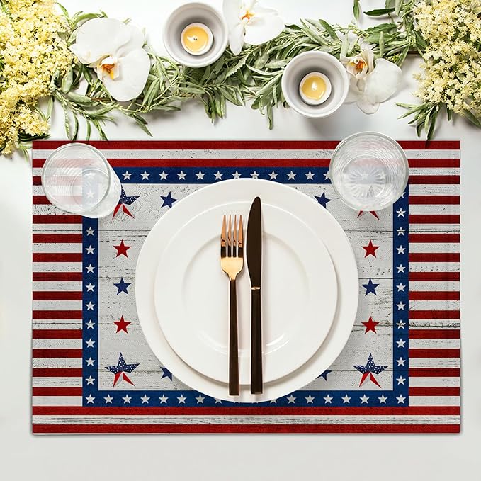 Giwawa 4PCs Patriotic Stars Placemats, 4th of July America Star Wreath Table Mat for Kitchen Dining, Independence Day Decorative Washable Linen Place Mat 12x18in for Holiday Party Picnic