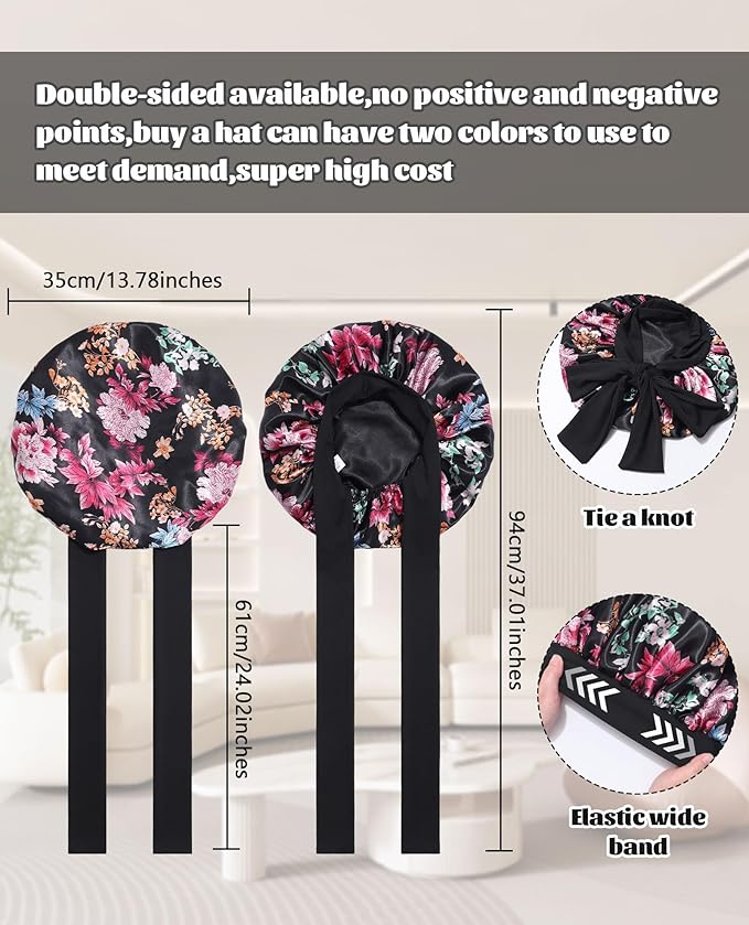 Satin Bonnet Silk Bonnet for Sleeping Silk Sleep Cap Double Layer Hair Bonnet with Elastic Tie Band for Curly Hair Night Cap(Black(Flower))