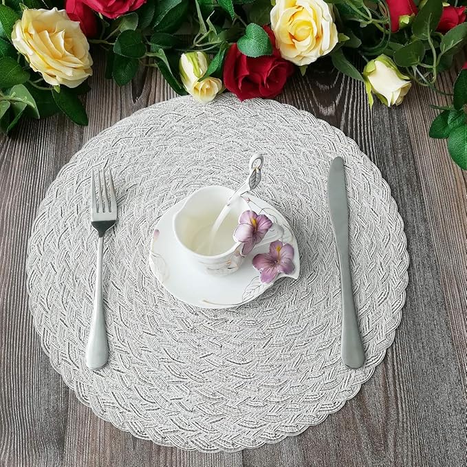 SHACOS Round Braided Placemats 15 inch Set of 6 Boho Thick Washable Kitchen Table Placemats for Home Wedding Party (T-Ivory, 6)