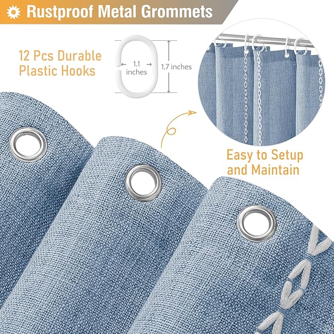 BTTN Boho Farmhouse Shower Curtain, Linen Rustic Weighted Striped Fabric Shower Curtain Set with Tassel, Water Repellent, Bohemian Vintage Country Cloth Shower Curtains for Bathroom, Blue, 72x72