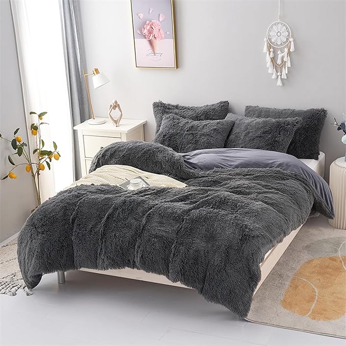 MorroMorn 5 PCS Shaggy Duvet Cover Bedding Set - Fluffy Comforter Cover Long Faux Fur Luxury Ultra Soft Cozy (Grey, King/California King)