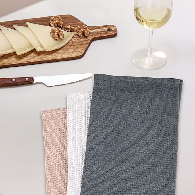 QUILTINA Dish Towels Set,100% Cotton Waffle Weave Kitchen Towels 6 Pack,14 x 14 Inches Dish Towels for Kitchen,Super Absorbent for Drying and Cleaning (Khaki,Light Gray, Dark Grey)
