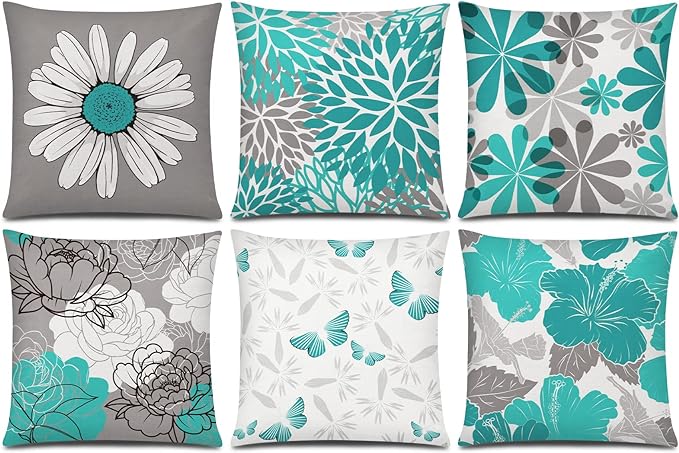 COMMINY Teal Grey Pillow Covers 20x20 Set of 6, Daisy Flower Throw Pillow Cover Case Rustic Square Cushion Cover for Sofa Bedroom Living Room Farmhouse Home Decor