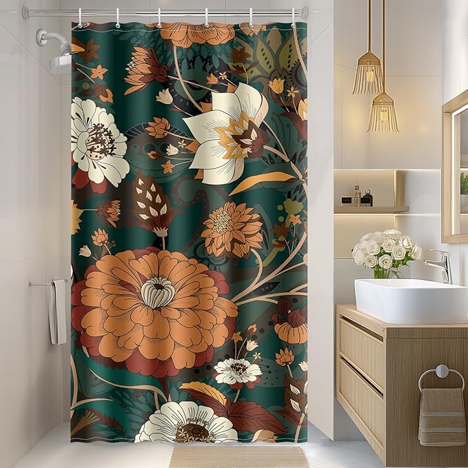 Aimego Stall Small Shower Curtain - Boho Floral Dark Green Bohemian Chic Flowers Botanical Leaves Narrow Half Fabric Cloth Shower Curtain Set for Bathroom Decor Accessories Bath Curtain, 36"x72"