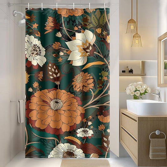 Aimego Stall Small Shower Curtain - Boho Floral Dark Green Bohemian Chic Flowers Botanical Leaves Narrow Half Fabric Cloth Shower Curtain Set for Bathroom Decor Accessories Bath Curtain, 36"x72"