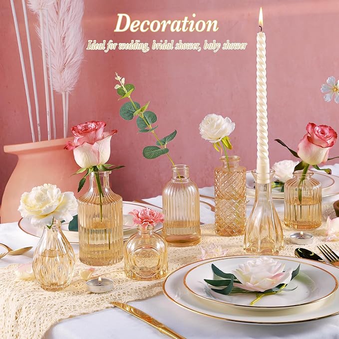 Amber Glass Bud Vases Set of 12, Gold Mini Flower Vase for Centerpieces, Small Vases in Bulk for Wedding Decorations, Vintage Vase for Table, Recepetion, Home Décor