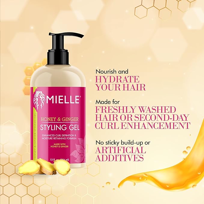 Mielle Organics Honey & Ginger Hair Gel - Styling Gel for Enhanced Curl Definition and Frizz Reduction - Enriched with Aloe & Babassu Oil to Nourish Dry, Curly or Frizzy Hair (13 Fl Oz)