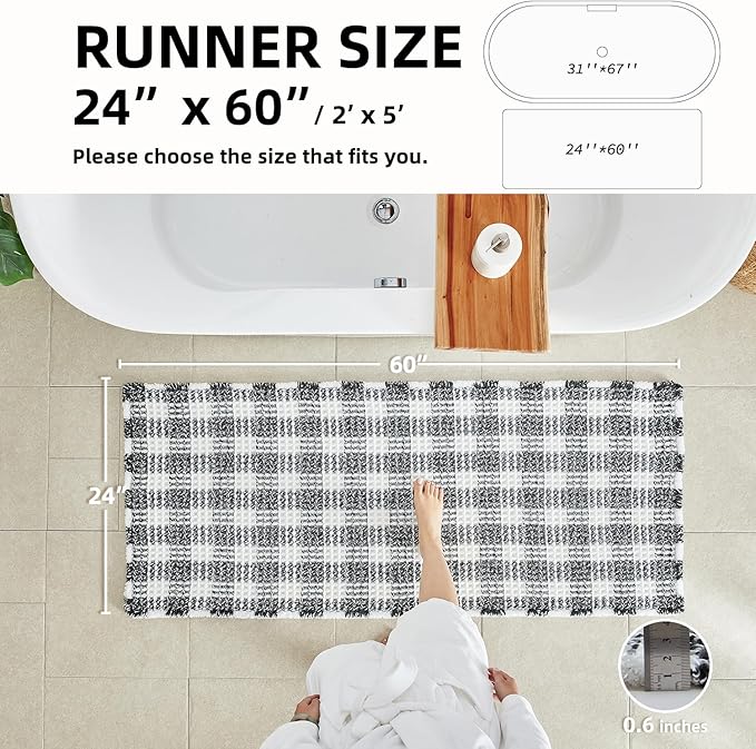 Waffle Runner Rug Bathroom, Long Boho Bathroom Rugs Non Slip Washable Absorbent Checkered Bathroom Mat Quick Dry Farmhouse Bath Mat, 60"x24" Black and White