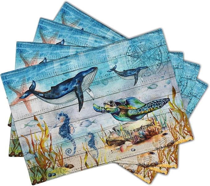 Giwawa Sea Life Placemats Set of 4- Sea Turtle Seahorse Whale Ocean Animal Place Mats- Vintage Compass Wood Board Heat Resistant Linen Table Mats 12"x18" for Dining Kitchen Summer Decoration
