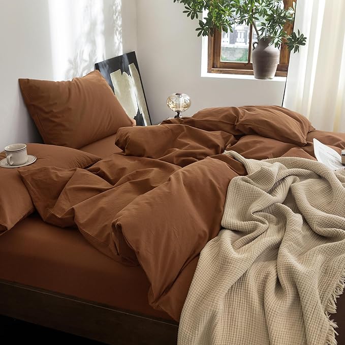 FOSSA Duvet Cover Set 100% Washed Cotton Linen Feel Super Soft Breathable Cozy 3 Pieces Bedding Sets Solid Dark Orange Oversized King
