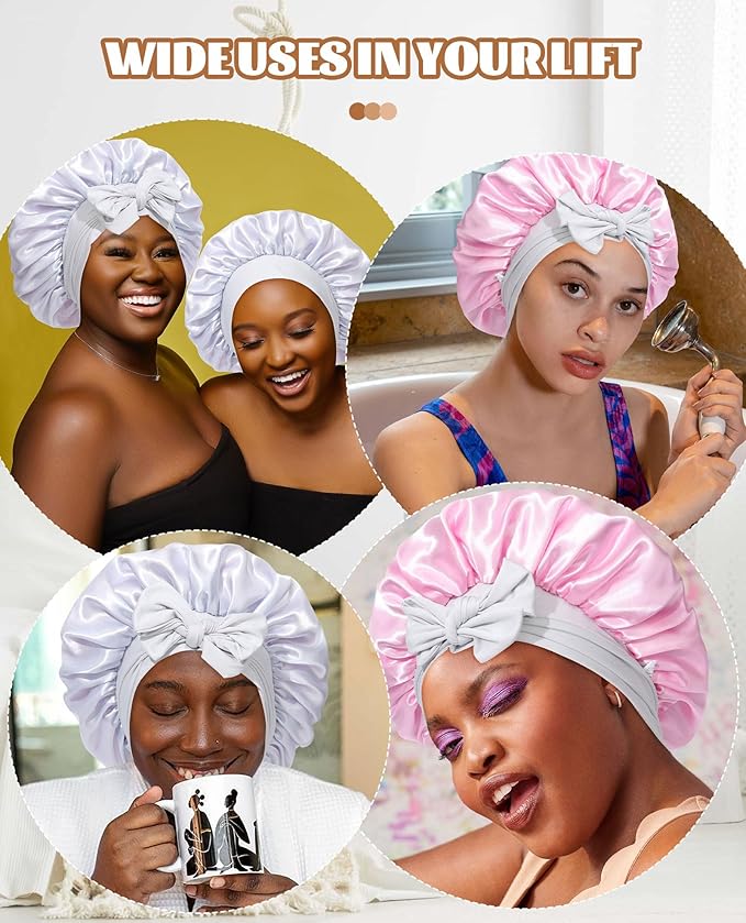 Satin Bonnet Silk Bonnet for Sleeping Silk Sleep Cap Double Layer Hair Bonnet with Elastic Tie Band for Curly Hair Night Cap (Light silver+Pink)