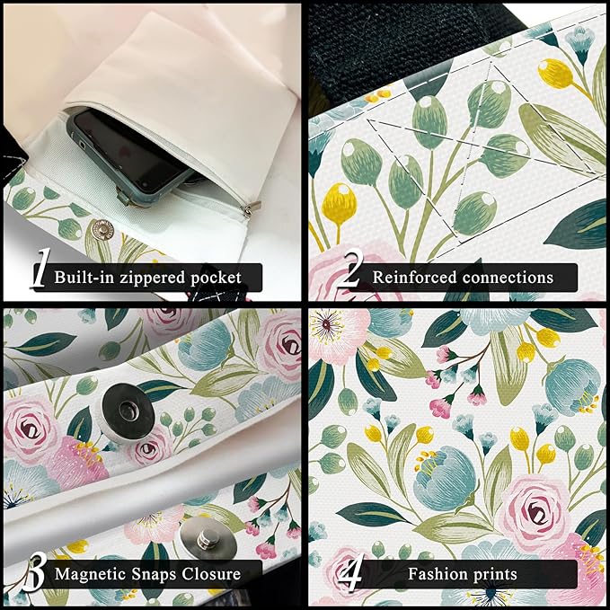 Canvas Tote Bag for Women，Cute Heavy-Duty Shoulder Bag with Zipper Pocket -Travel Tote for Grocery, Gym,Shopping