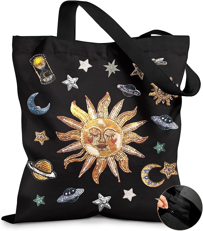 Canvas Tote Bag for Women – Aesthetic Canvas Bag with Zipper Cute Stylish Reusable Shoulder Totes for Shopping Work Daily Vacation, Sun Planets