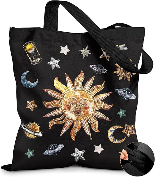 Canvas Tote Bag for Women – Aesthetic Canvas Bag with Zipper Cute Stylish Reusable Shoulder Totes for Shopping Work Daily Vacation, Sun Planets