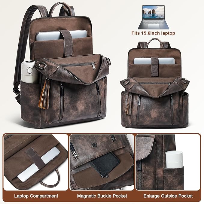 Shrrie Laptop Backpack for Women 15.6 inch,Travel Leather Backpack Purse Nurse Teacher Carry on Backpack Computer Bag,Professional Water-Resistant College Business Work Casual Daypack,Two-toned Coffee