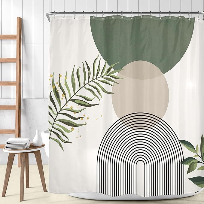 Extra Wide Boho Shower Curtain 180Wx70H Wrap Around Clawfoot Tub Curtain Sage Green Modern Bohemian Abstract Gold Leaves Mid Century Bathroom Decor Minimalist Bath Fabric Polyester 32 Pack Hook
