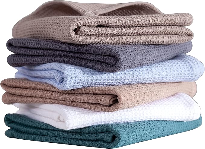 QUILTINA Dish Towels Set,100% Cotton Waffle Weave Kitchen Towels 6 Pack,17 x 25 Inches for Kitchen,Ultra Soft Dish Drying Towels(White, Gray, Light Khaki, Light Blue, Dark Green, Brown)