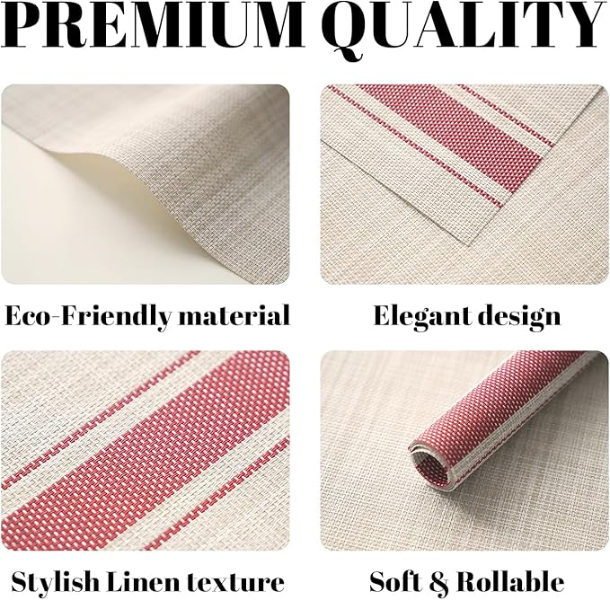 Placemats Set of 6 Vinyl/Plastic Woven Place Mats for Kitchen Table Indoor/Outdoor Washable Placemat Wipeable Dining Table Mats (Khaki Red,6)