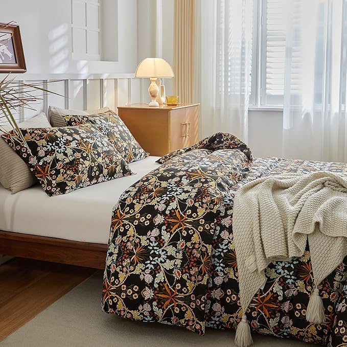 mixinni Vintage Floral Duvet Cover California King Size Farmhouse Boho Duvet Cover Set Cotton Percale Flowers Printed Bedding Set with 2 Pillowcases Perfect for Him and Her-California King Size