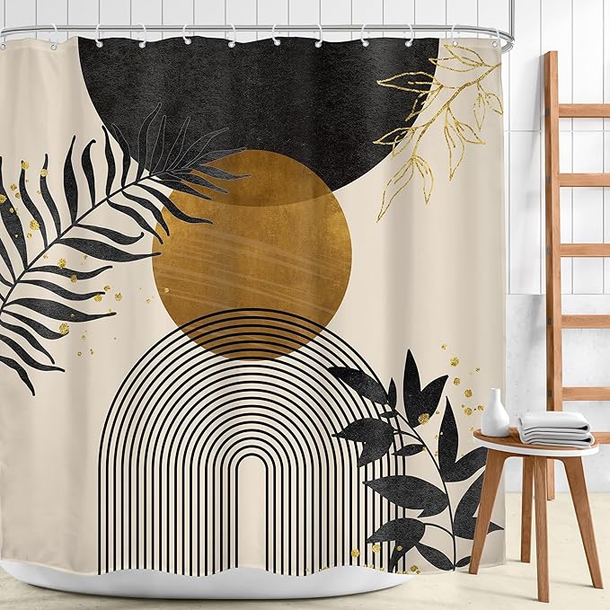 Black Boho Shower Curtain 72Wx72H Mid Century Gold Leaves Modern Bohemian Abstract Bathroom Decor Plant Botanical Minimalist Geometric Bath Curtain Fabric Polyester 12 Pack Hooks