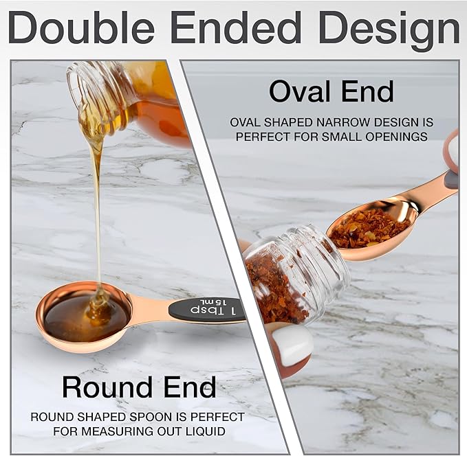 Magnetic Measuring Spoons Set - Stainless Steel, Double Ended, Stackable & Nested Design for Dry and Liquid Ingredients, Ideal for Spice Jars, 8-Piece Set with Leveler (Rose Gold)