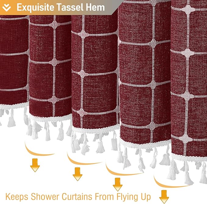BTTN Boho Farmhouse Shower Curtain, Linen Rustic Heavy Duty Fabric Shower Curtain Set with Tassel, Water Repellent, Bohemian Vintage Country Thick Cloth Shower Curtains for Bathroom - Burgundy - 72x72